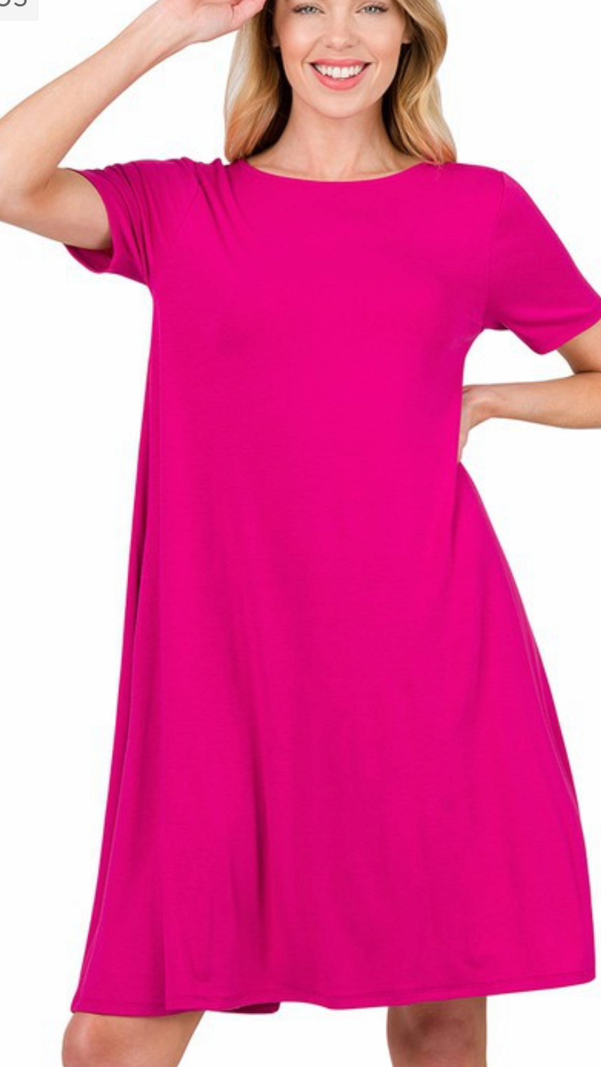 Short Sleeve Flare Dress with Pockets/Magenta