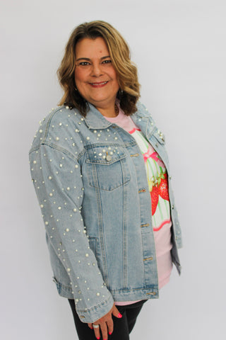 Pearl Rhinestone Denim Jacket - Trudy's Trendy Boutique
