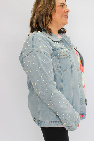 Pearl Rhinestone Denim Jacket - Trudy's Trendy Boutique