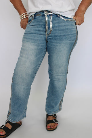 Judy Blue MR Kick Flare Foiled Seams - Trudy's Trendy Boutique