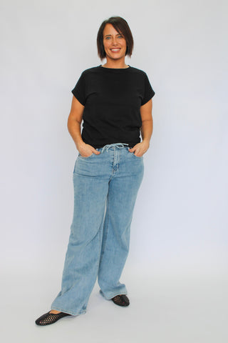Mica HR Wide Leg Raw Edge Tie Waistband - Trudy's Trendy Boutique