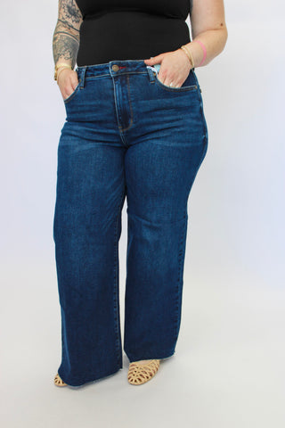 Judy Blue HW Retro Wide Raw Hem Jeans - Trudy's Trendy Boutique