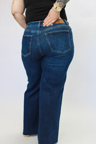 Judy Blue HW Retro Wide Raw Hem Jeans - Trudy's Trendy Boutique