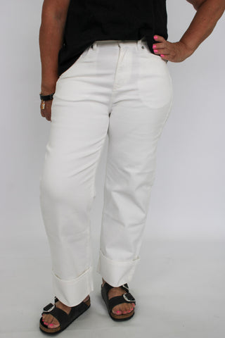 Mica HR White Wide Crop Cuffed - Trudy's Trendy Boutique