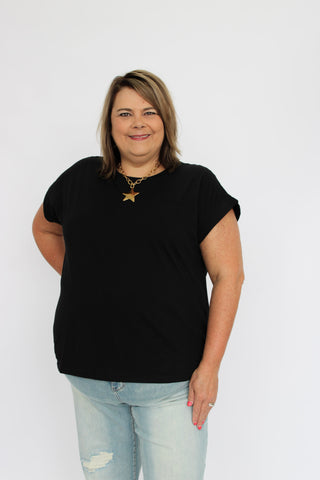 Round Neck Folded Short Sleeve/Curvy - Trudy's Trendy Boutique
