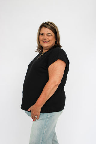 Round Neck Folded Short Sleeve/Curvy - Trudy's Trendy Boutique