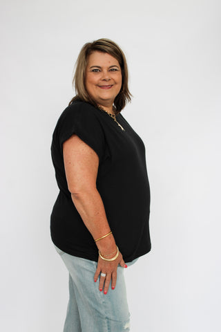 Round Neck Folded Short Sleeve/Curvy - Trudy's Trendy Boutique