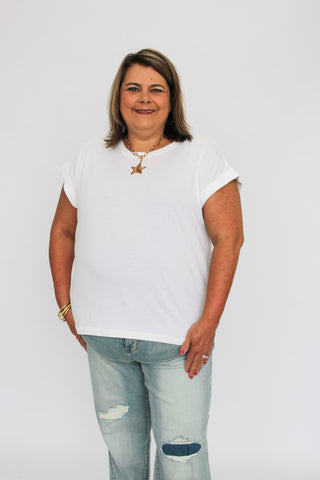 Round Neck Folded Short Sleeve/Curvy - Trudy's Trendy Boutique