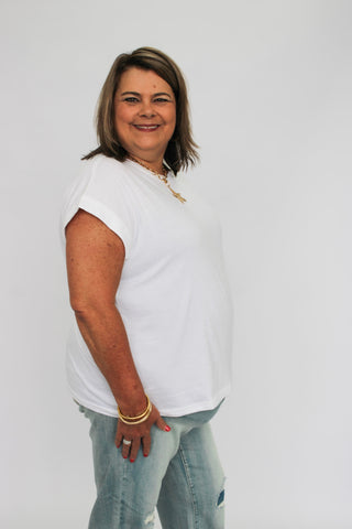 Round Neck Folded Short Sleeve/Curvy - Trudy's Trendy Boutique
