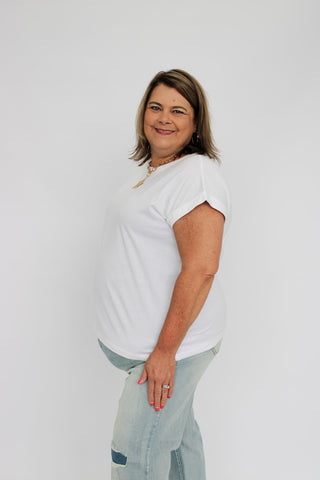Round Neck Folded Short Sleeve/Curvy - Trudy's Trendy Boutique