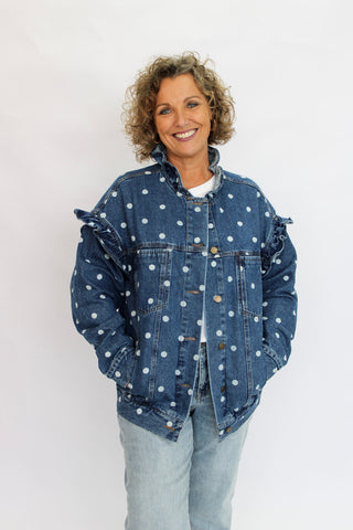 Dotty Ruffle Denim Jacket - Trudy's Trendy Boutique