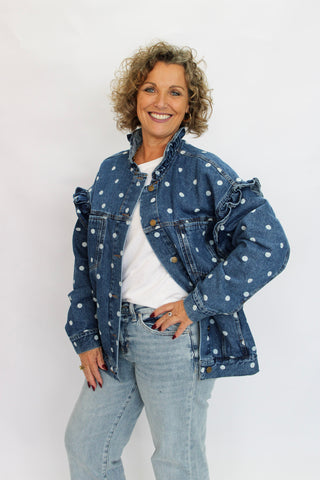 Dotty Ruffle Denim Jacket - Trudy's Trendy Boutique