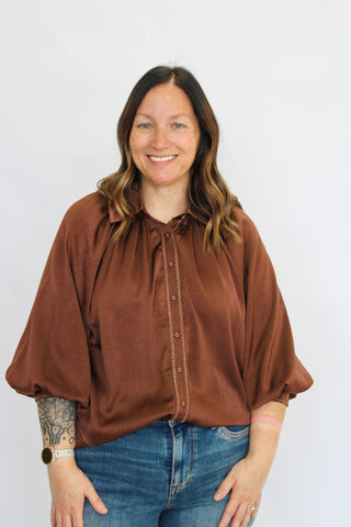 Sculpted Wave Satin Blouse-Brown - Trudy's Trendy Boutique