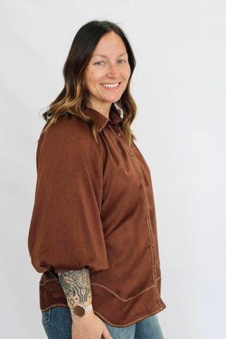 Sculpted Wave Satin Blouse-Brown - Trudy's Trendy Boutique