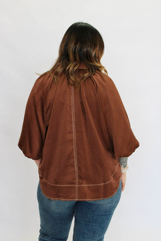 Sculpted Wave Satin Blouse-Brown - Trudy's Trendy Boutique