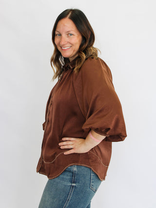 Sculpted Wave Satin Blouse-Brown - Trudy's Trendy Boutique