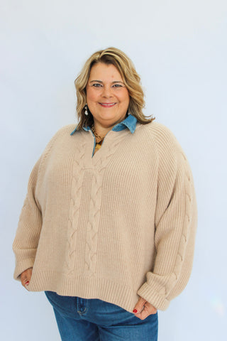Malibu Washed Denim Collard Sweater/Curvy - Trudy's Trendy Boutique