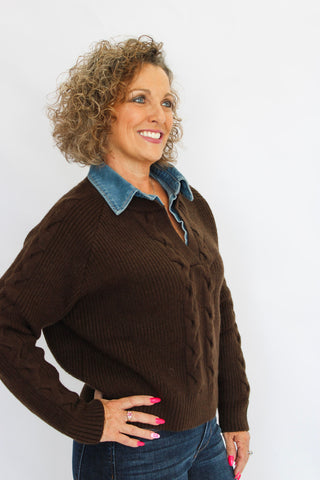 Malibu Washed Denim Collared Sweater - Trudy's Trendy Boutique