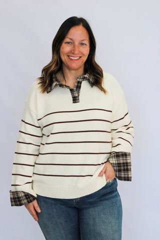 Cambridge Plaid Collar Striped Sweater - Trudy's Trendy Boutique