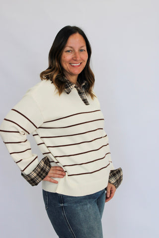 Cambridge Plaid Collar Striped Sweater - Trudy's Trendy Boutique