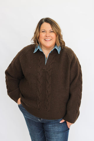 Malibu Washed Denim Collard Sweater/Curvy - Trudy's Trendy Boutique