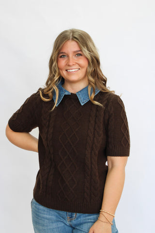 Palmer Denim Collar Cable Sweater - Trudy's Trendy Boutique
