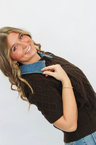 Palmer Denim Collar Cable Sweater - Trudy's Trendy Boutique