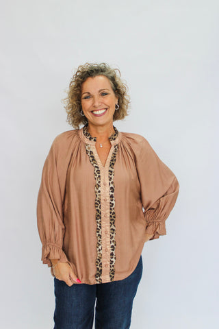 Wild Grace Leopard Trim Blouse - Trudy's Trendy Boutique