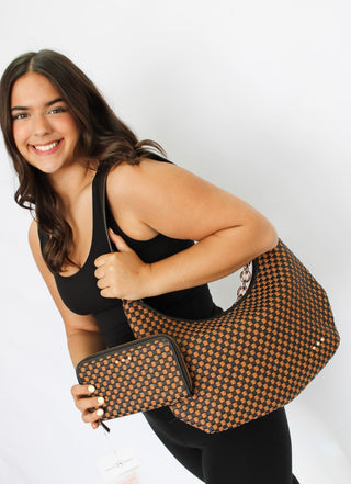Sienna Slouchy Woven Bag-Checkered Coffee - Trudy's Trendy Boutique