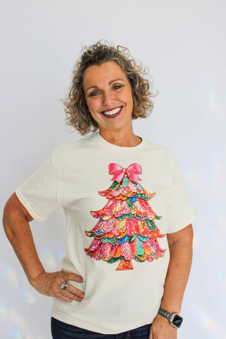 Mixed Christmas Tree Tee-White - Trudy's Trendy Boutique