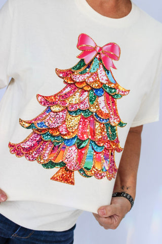 Mixed Christmas Tree Tee-White - Trudy's Trendy Boutique