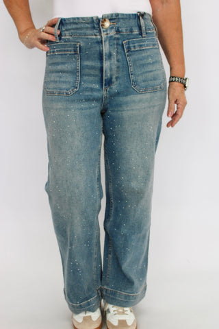 Mica HR Wide Leg Cropped Embellished Jeans