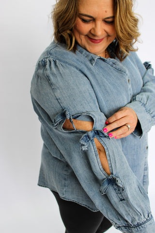 Tie & Tied Washed Denim Shirt Reg/Curvy - Trudy's Trendy Boutique