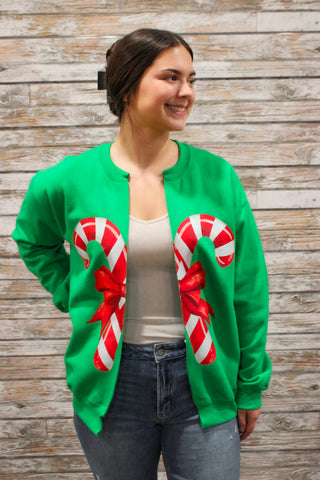 Candy Cane Bow Split Sweatshirt - Trudy's Trendy Boutique