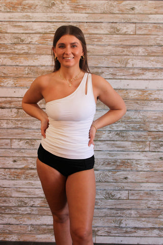 One Shoulder Swim Top/Black or White - Trudy's Trendy Boutique