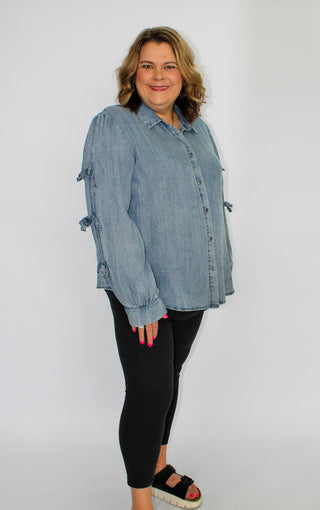 Tie & Tied Washed Denim Shirt Reg/Curvy - Trudy's Trendy Boutique