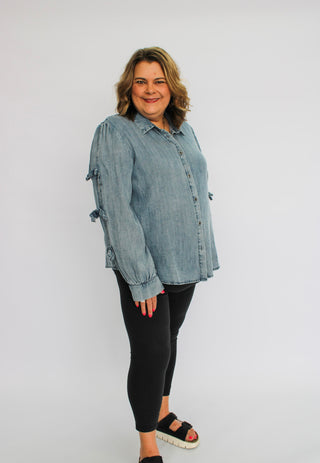 Tie & Tied Washed Denim Shirt Reg/Curvy - Trudy's Trendy Boutique
