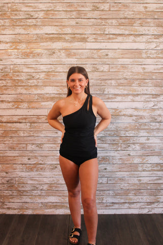One Shoulder Swim Top/Black or White - Trudy's Trendy Boutique