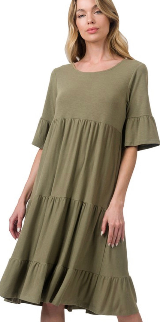 Tiered Midi Dress/Ash Olive