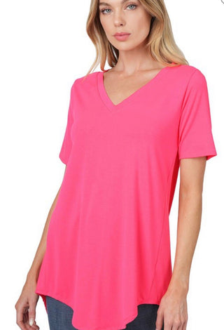 Perfectly Plain V-Neck Top-Coral Fuchsia