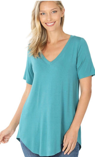 Perfectly Plain V - Neck Top - Dusty Teal - Trudy's Trendy Boutique
