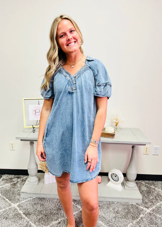 Denim Bubble Sleeve Dress