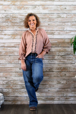 Wild Grace Leopard Trim Blouse - Trudy's Trendy Boutique