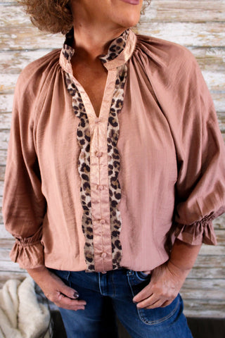 Wild Grace Leopard Trim Blouse - Trudy's Trendy Boutique