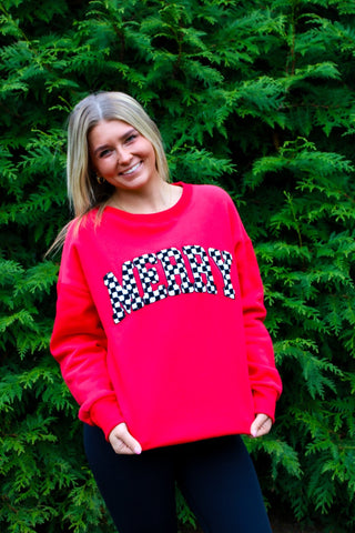 Merry Checkered Letter Crewneck - Trudy's Trendy Boutique
