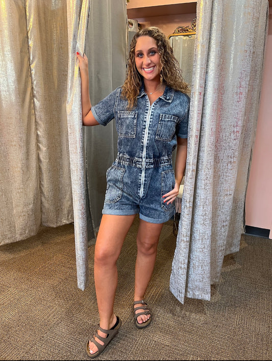 Turn Back Time Kancan Denim Romper
