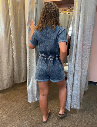 Turn Back Time Kancan Denim Romper - Trudy's Trendy Boutique