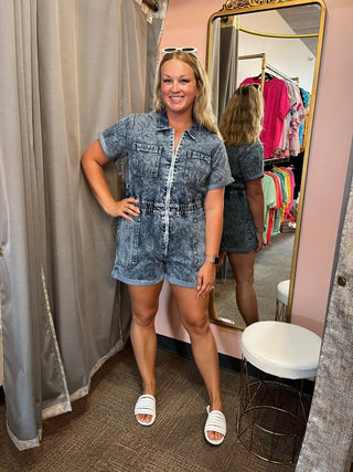 Turn Back Time Kancan Denim Romper - Trudy's Trendy Boutique