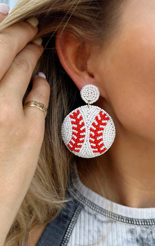 Round Beaded Baseball White/Red Earrings