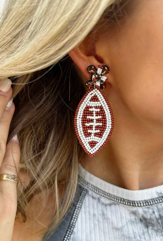 Brown White Sparkle Football Beaded Earrings